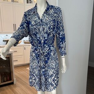 CAbi Blue and White Long Sleeve Dress